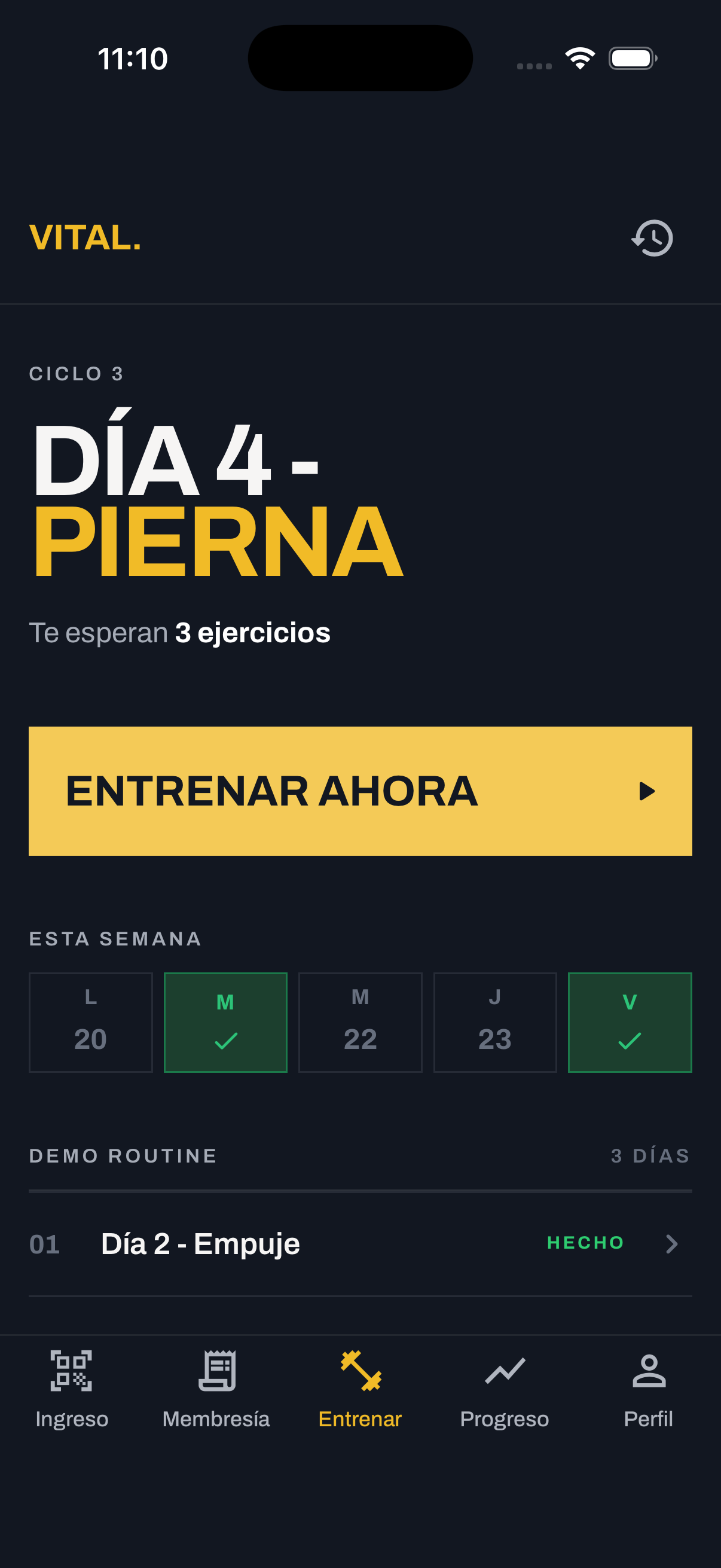 Screenshot de aplicación de gimnasio